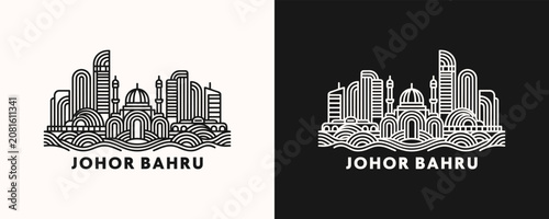 Vászonkép Johor Bahru Malaysia cityscape illustration with line art skyline featuring urba