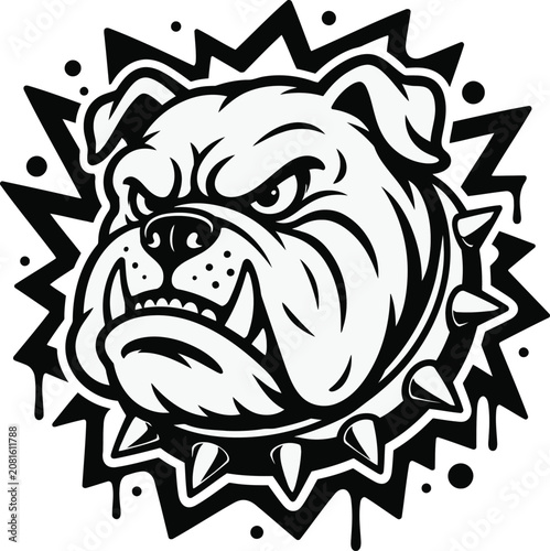 Принти на полотні A menacing angry bulldog head with sharp teeth is illustrated in a graphic design