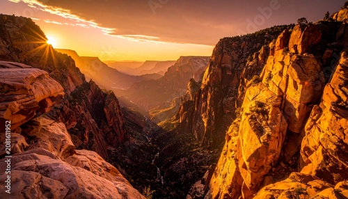 Golden sunset illuminating rugged desert canyon landscape.