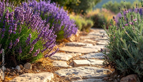 Purple wildflowers blooming along a stone path in a garden.