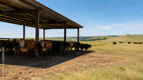 Realistic photo, beef cattle standing quietly inside a shaded open shelter while bright summer sunlight illuminates the surrounding pasture, no people