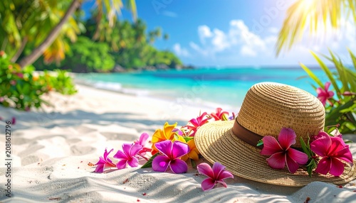 Tropical paradise beach with straw hat and vibrant flowers.