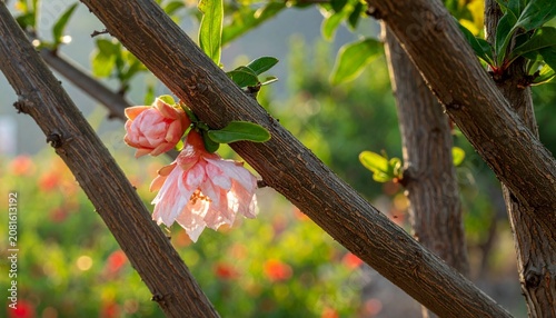 Pink cherry blossom tree branch close up.