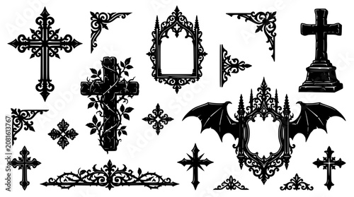 Schilderij op canvas Gothic Ornaments Vector Collection with Crosses and Ornate Frames on White Backg