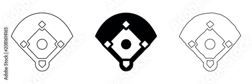 Schilderij op canvas Baseball field icons in outline, solid, and hand-drawn styles for sports graphic