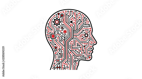 A detailed human head profile silhouette filled with intricate red and black electronic circuit board patterns on white background