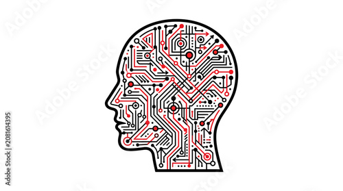 Human head silhouette profile graphic featuring a complex red and black circuit board pattern with intricate lines and nodes