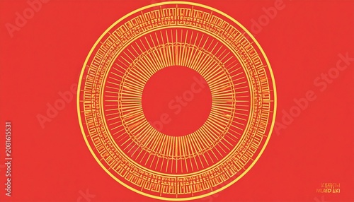 Golden concentric circular pattern on red background.