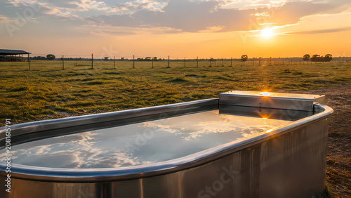 Realistic photo, freshly cleaned stainless steel water trough reflecting sunset beside an empty cattle pasture, peaceful late summer atmosphere, no people, 