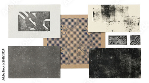 Abstract geometric and organic shapes printed on textured paper during a graphic design workshop isolated on transparent background