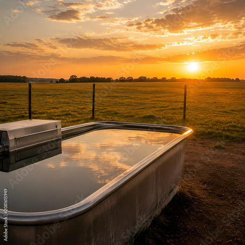Realistic photo, freshly cleaned stainless steel water trough reflecting sunset beside an empty cattle pasture, peaceful late summer atmosphere, no people, 