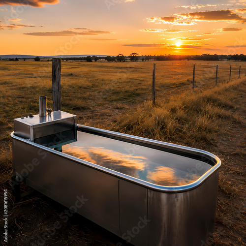 Realistic photo, freshly cleaned stainless steel water trough reflecting sunset beside an empty cattle pasture, peaceful late summer atmosphere, no people, 