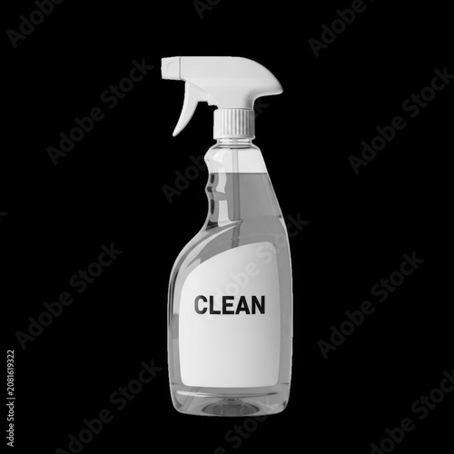 Clear spray bottle with 'CLEAN' label during studio lighting against a black backdrop isolated on transparent background