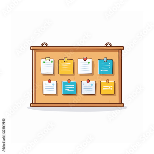Flat design bulletin board with colorful notes and push pins