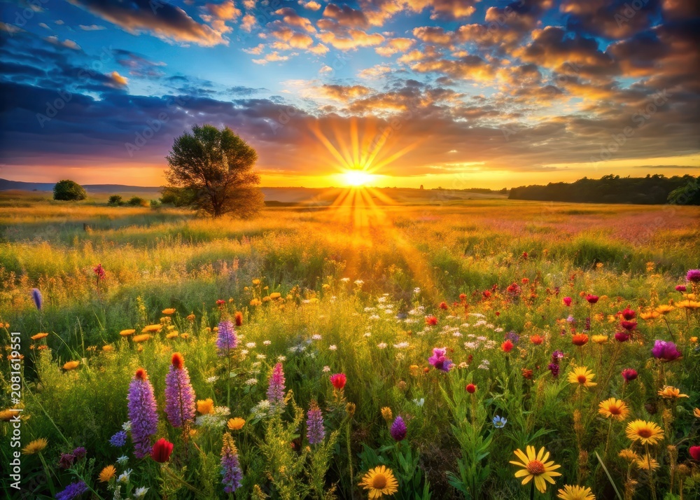 Obraz premium A golden sunrise awakens a lush summer pasture, as vibrant wildflowers stretch towards the morning light