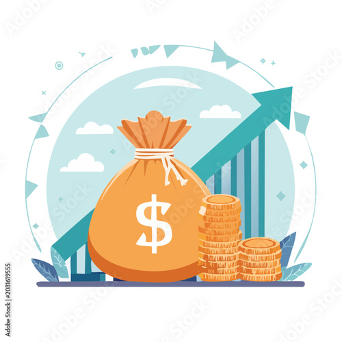 Money bag with coins and growth chart illustration