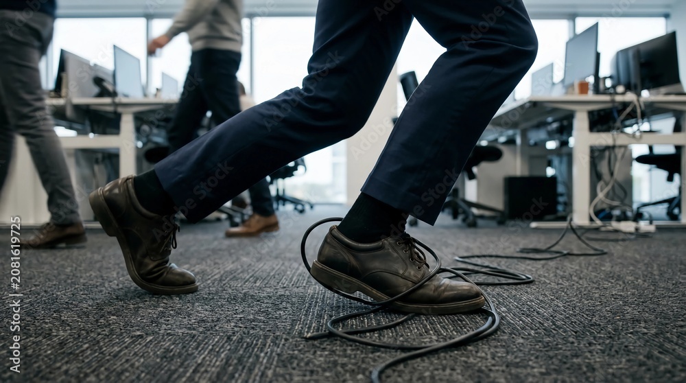 Obraz premium Person stepping on cables in a busy office environment with computers