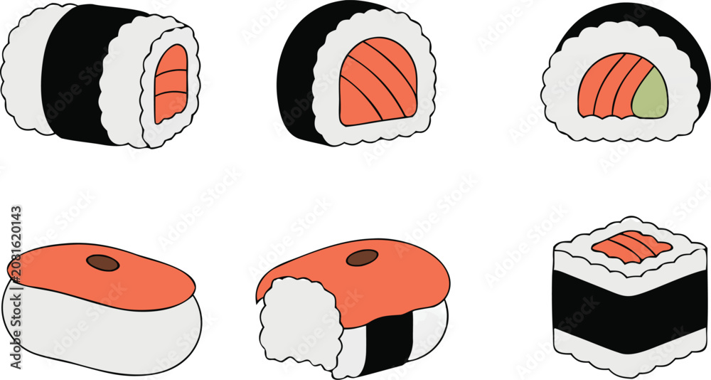 Obraz premium Set of assorted sushi rolls and nigiri sashimi pieces in flat vector illustration style