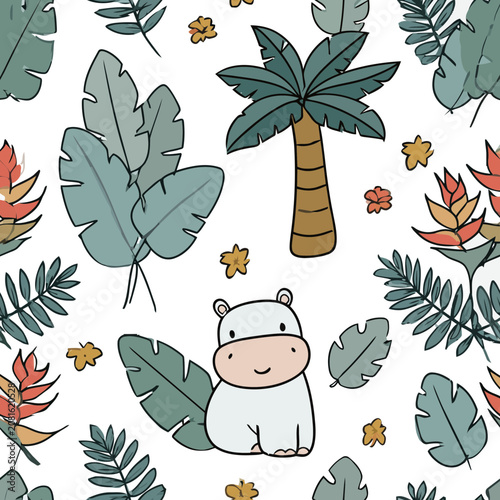 Cute Hippo and Tropical Plants Seamless Pattern