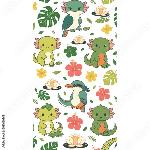 Cute Kawaii Animals and Tropical Flowers Pattern