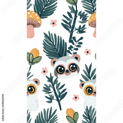 Cute Lemur and Forest Elements Pattern