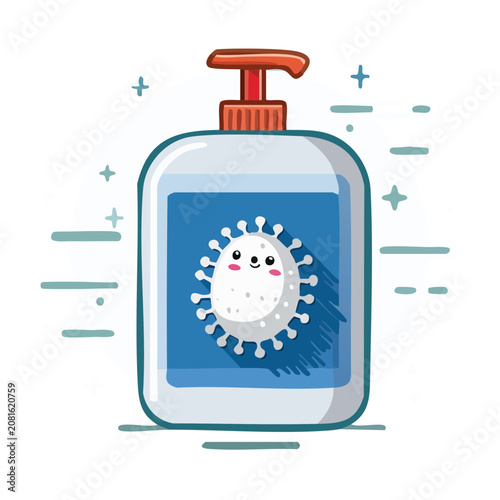 Flat cartoon hand sanitizer bottle with virus illustration