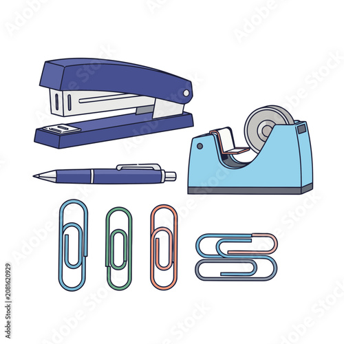 Office Supplies: Stapler, Pen, Tape Dispenser, Paperclips