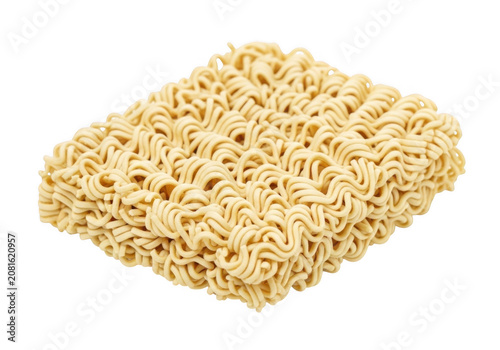 Dried Instant Ramen Noodles block with golden texture in studio lighting on a clean surface isolated on transparent background