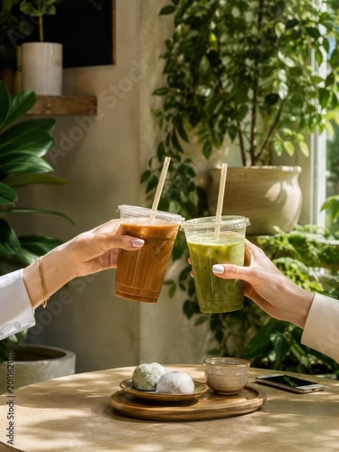 Two women toasting iced matcha latte and iced coffee in clear takeaway cups with visible ice cubes in a bright minimalist cafe.