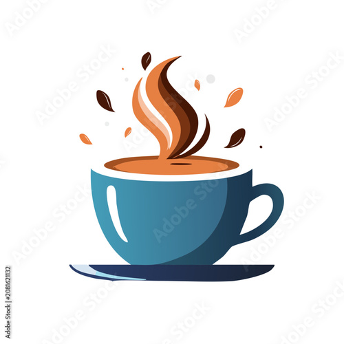 Blue coffee cup with steam and beans vector illustration
