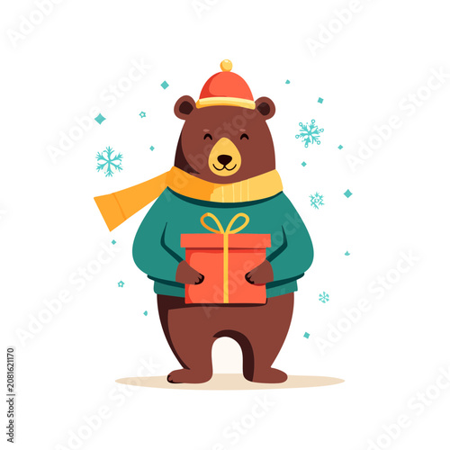 Cartoon bear holding gift box in winter outfit