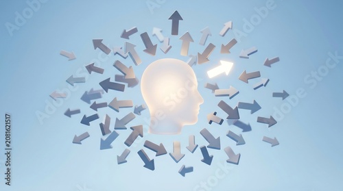 Head silhouette stands centrally surrounded by multiple arrows pointing in conflicting directions, symbolizing the struggle of making difficult choices and navigating chaotic mental pressure.