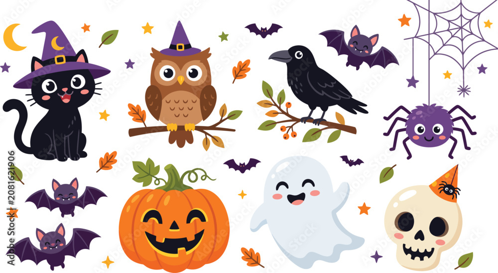 Naklejka premium Whimsical Halloween characters including a black cat owl raven and ghost with pumpkins and bats during autumn
