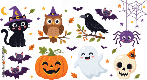 Whimsical Halloween characters including a black cat owl raven and ghost with pumpkins and bats during autumn