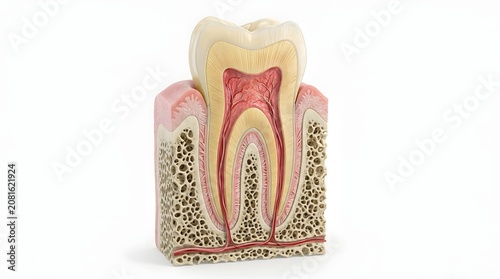 Detailed Anatomical Model of a Human Molar Tooth showing Cross Section of Root and Jawbone