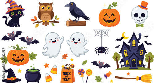 Whimsical Halloween elements including a black cat owl crow pumpkins ghosts spider and haunted house on a white background