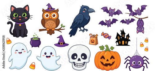 Whimsical Halloween illustrations with bats owls ghosts and pumpkins on a white background