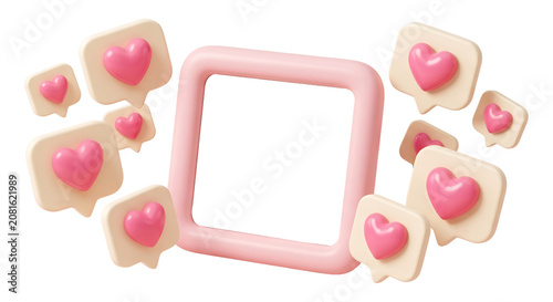 3D render of a pink social media notification frame surrounded by floating heart icons with floating