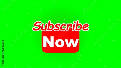 Dynamic digital subscribe button for content creators, featuring a clear call to action 'Subscribe Now' in bold red and white on a bright green chroma key background, enhancing viewer engagement