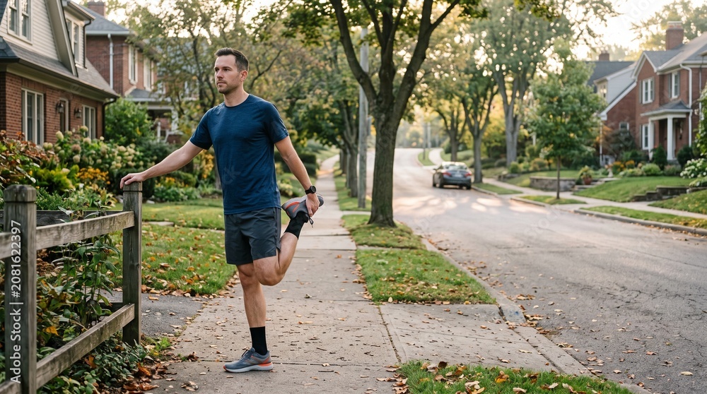 Fototapeta premium Man stretching quadriceps on sidewalk in suburban neighborhood during autumn