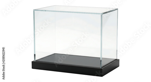 Empty rectangular glass display case with black base showcase exhibition protection transparent background