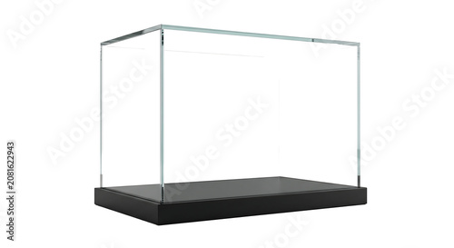 Empty rectangular glass display case with black base showcase exhibition protection transparent background