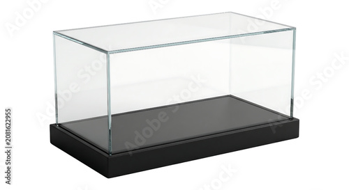 Empty rectangular glass display case with black base showcase exhibition protection transparent background