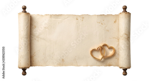 Vintage paper scroll with decorative hearts parchment valentines anniversary  on Isolated transparent background png. generated with AI