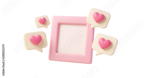 3D render of a pink social media notification frame surrounded by floating heart icons with floating