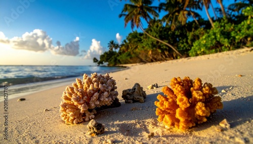 Sunset beach with autumn leaves scattered on sand.