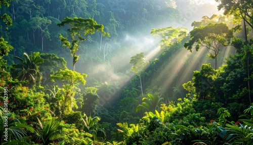Misty forest path winding through lush green foliage.