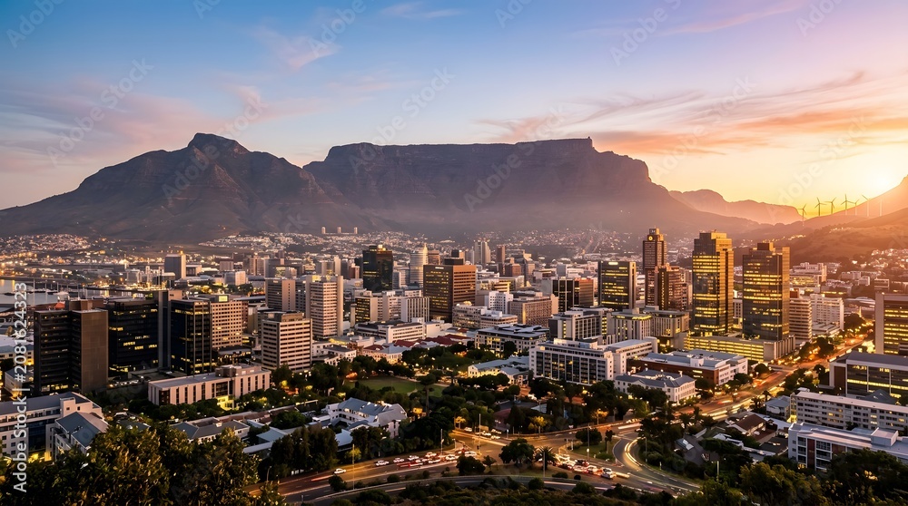 Obraz premium Cape town skyline at sunset with table mountain south africa