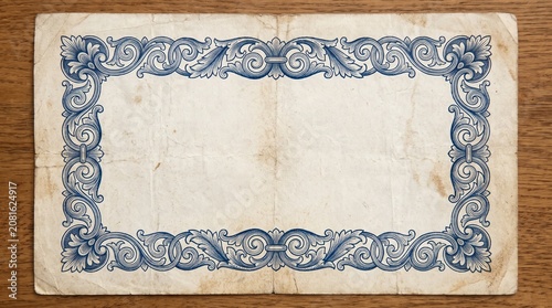 A weathered piece of aged parchment paper with charred, tea-stained edges rests on a wood-grain surface. The paper features an ornate navy-blue engraved border of scrolling acanthus leaves.