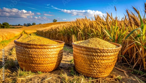 Golden wheat baskets in rural agricultural field with mountains.